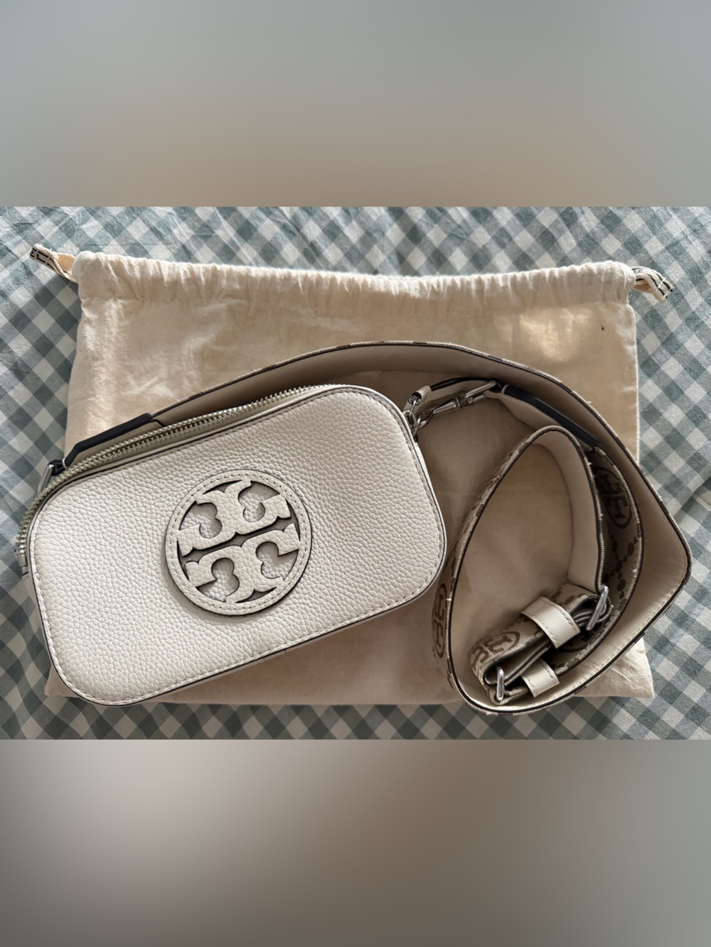 Authentic Tory Burch Mini Miller Ivory Pebbled Leather Camera Crossbody